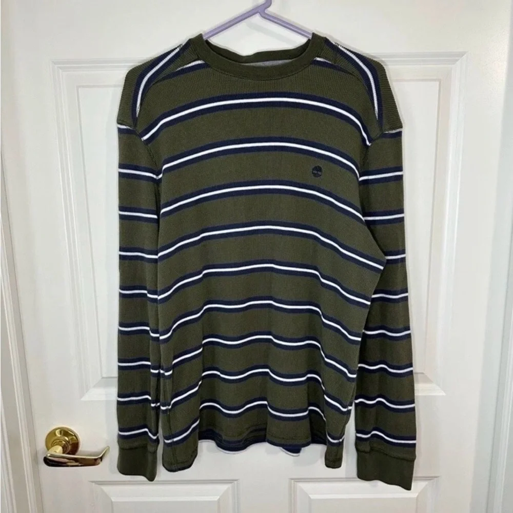 Men’s Timberland Waffle Weave Olive Green Striped Long Sleeve Top size L